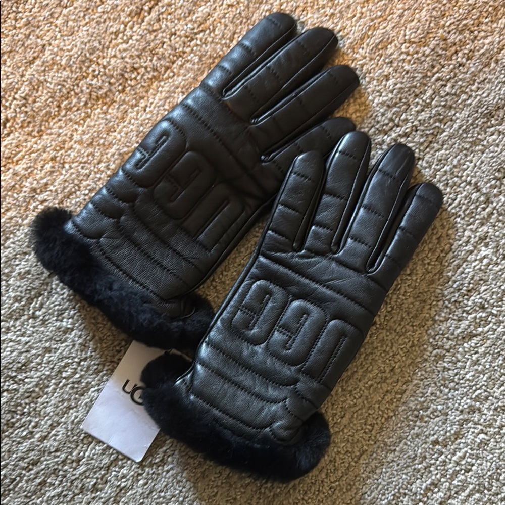 UGG Women's Black Leather Gloves with Fur Trim